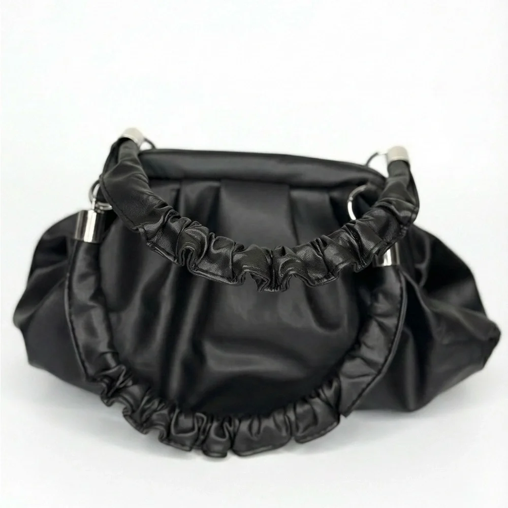 Black Ruched Top Handle Dumpling Bag Soft Vegan Leather Cloud Purse - Picture 2 of 7